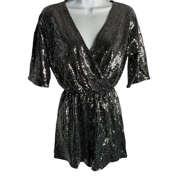 Everly Pants - Everly Glow Goals Sequin Romper S Black Silver Elastic Waist Short Sleeves